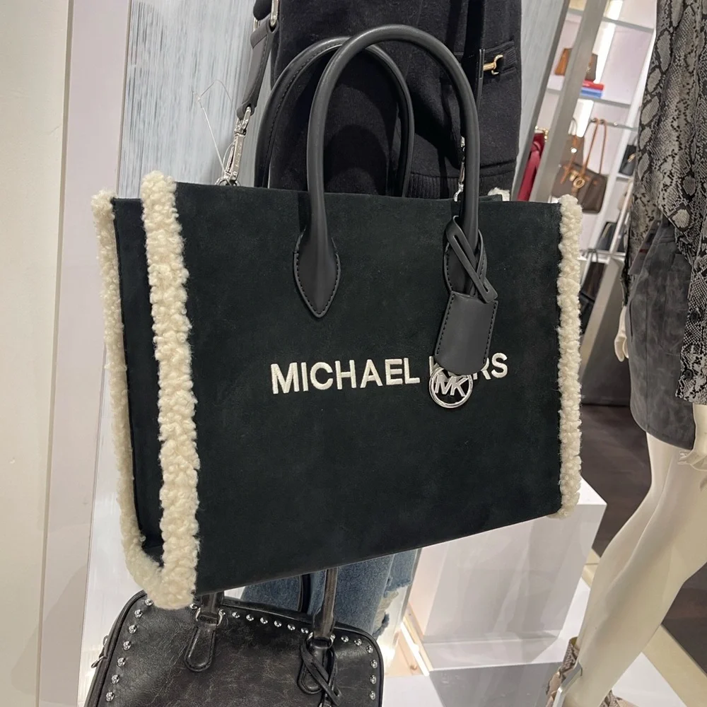 MICHAEL KORS Mirella Medium Suede and Faux Shearling Tote Bag Black  NWT